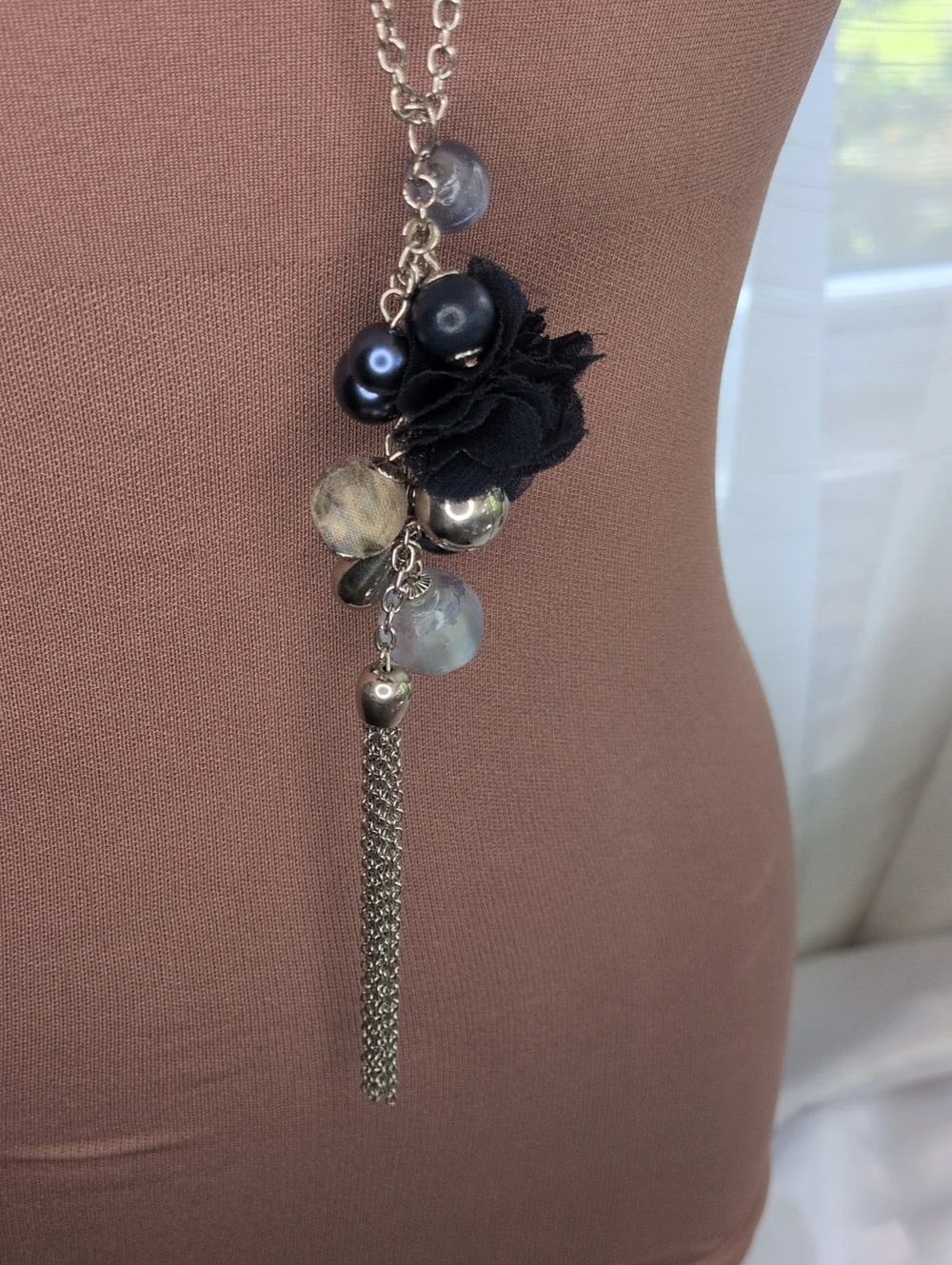 Long Boho Mixed-Media Fabric Rosette & Bead Tassel Necklace